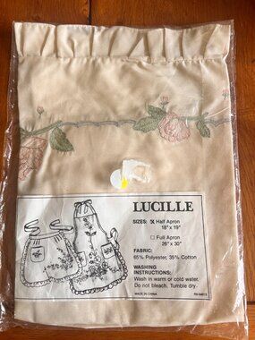 Lucille Embroidered Apron Set Half Apron 18"x19" Full Apron 26"x30" Beige Floral